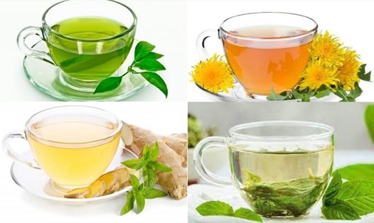 Một số loại trà có thể cải thiện tình trạng táo bón như trà xanh, trà gừng, trà bạc hà. Đồ họa: Thanh Ngọc