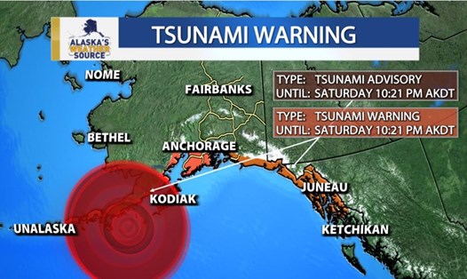 Động đất cực mạnh ở Alaska kích hoạt cảnh báo sóng thần tại đây và gây mối lo ngại sóng thần ở khắp Thái Bình Dương. Ảnh:  Trung tâm Thời tiết Alaska