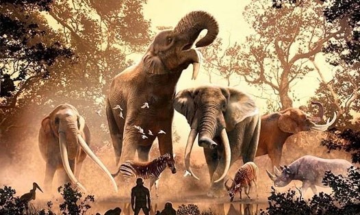 Hình ảnh trên cho thấy tổ tiên vượn người đi thẳng đứng đầu tiên của chúng ta cùng tồn tại với loài voi cổ đại ở lưu vực Turkana, Đông Phi 4 triệu năm trước. Ảnh: Đại học Bristol