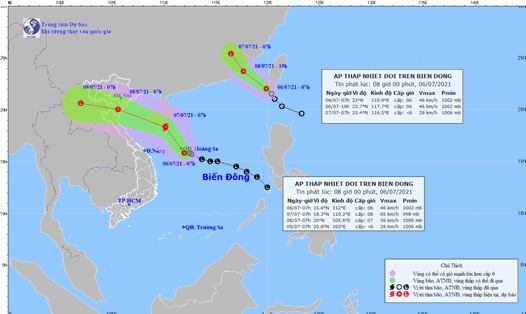 Vị trí và đường đi của 2 áp thấp nhiệt đới trên Biển Đông. Ảnh: Trung tâm Dự báo Khí tượng Thuỷ văn Quốc gia.