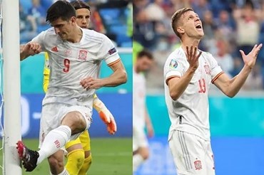Gerard Moreno (trái) và Dani Olmo vẫn chưa có bàn thắng nào cho Tây Ban Nha tại EURO 2020. Đồ hoạ: Marca.