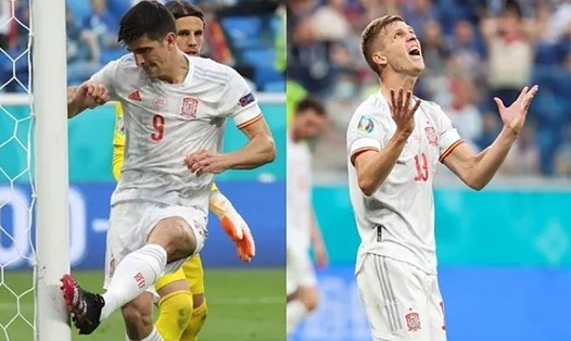 Gerard Moreno (trái) và Dani Olmo vẫn chưa có bàn thắng nào cho Tây Ban Nha tại EURO 2020. Đồ hoạ: Marca.