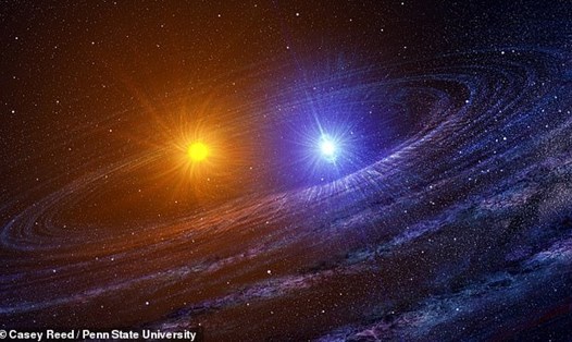 Mô phỏng hệ sao đôi RS Ophiuchi ngay sau khi sao lùn trắng (phải) bùng nổ như một tân tinh. Ảnh: Casey Reed/Penn State University.