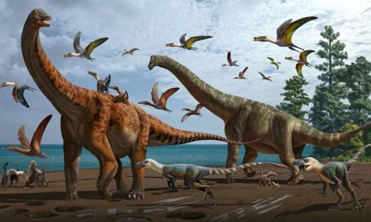 Hình minh họa về 2 loài khủng long mới: Silutitan sinensis (trái) và Hamititan xinjiangensis (phải). Ảnh chụp màn hình.