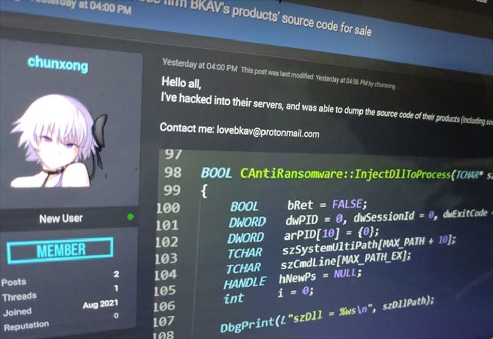 Hacker tự nhận đã tấn công hệ thống của Bkav. Ảnh chụp màn hình