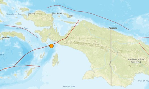 Trận động đất mạnh 5,9 độ richter đã xảy ra ở ngoài khơi tỉnh Papua, cực đông Indonesia ngày 2.8. Ảnh: USGS