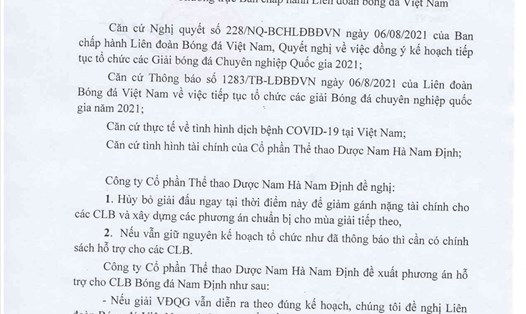 Lá đơn “cứu đói” của CLB Nam Định.