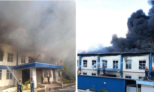 Hiện trường đám cháy lớn trong KCN Hòa Xá của tỉnh Nam Định. Ảnh: CTV