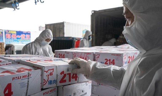 Dán mã QR trên thực phẩm đông lạnh nhập khẩu để quản lý truy xuất nguồn gốc ở Vũ Hán, Trung Quốc ngày 7.1.2021. Ảnh: Xinhua
