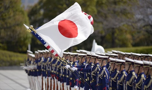 Lễ duyệt binh danh dự trước cuộc họp song phương Bộ trưởng Quốc phòng Mỹ-Nhật Bản tại Bộ Quốc phòng Nhật Bản ở Tokyo, tháng 3.2021. Ảnh: AFP