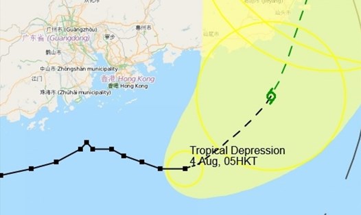 Theo tin bão mới nhất, tâm áp thấp nhiệt đới trên khu vực phía bắc Biển Đông nằm cách Hong Kong khoảng 170km vào 5h ngày 4.8. Ảnh: Hong Kong Observatory