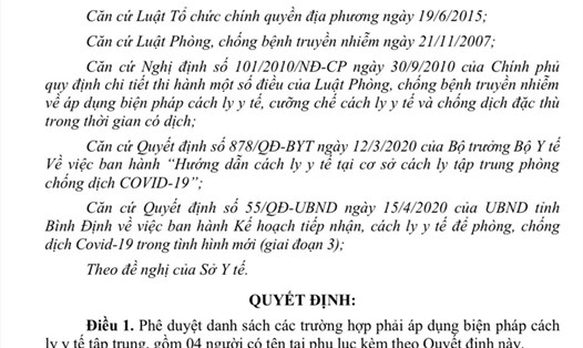 Quyết định cách ly tập trung của Ban Chỉ đạo Phòng chống dịch COVID-19 Bình Định.