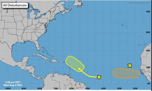 Trung tâm Thời tiết Quốc gia Mỹ đang theo dõi 2 vùng nhiệt đới có khả năng mạnh lên thành bão ở Đại Tây Dương trong mùa bão hiện tại. Ảnh: NHC