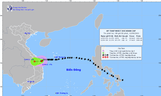 Vị trí và đường đi của áp thấp nhiệt đới suy yếu từ bão số 5. Ảnh: TTDBKTTVQG.