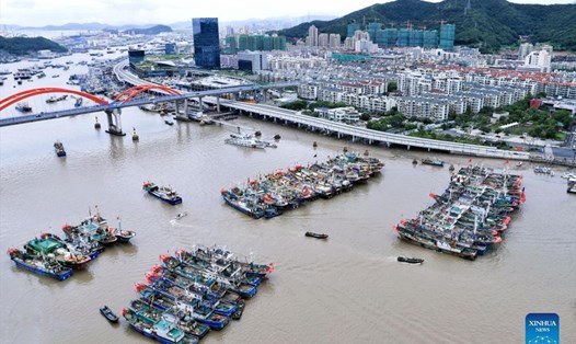 Tàu thuyền cập cảng ở Chu San, tỉnh Chiết Giang khi Trung Quốc nâng cảnh báo bão Chanthu lên cấp độ 2. Ảnh: Xinhua