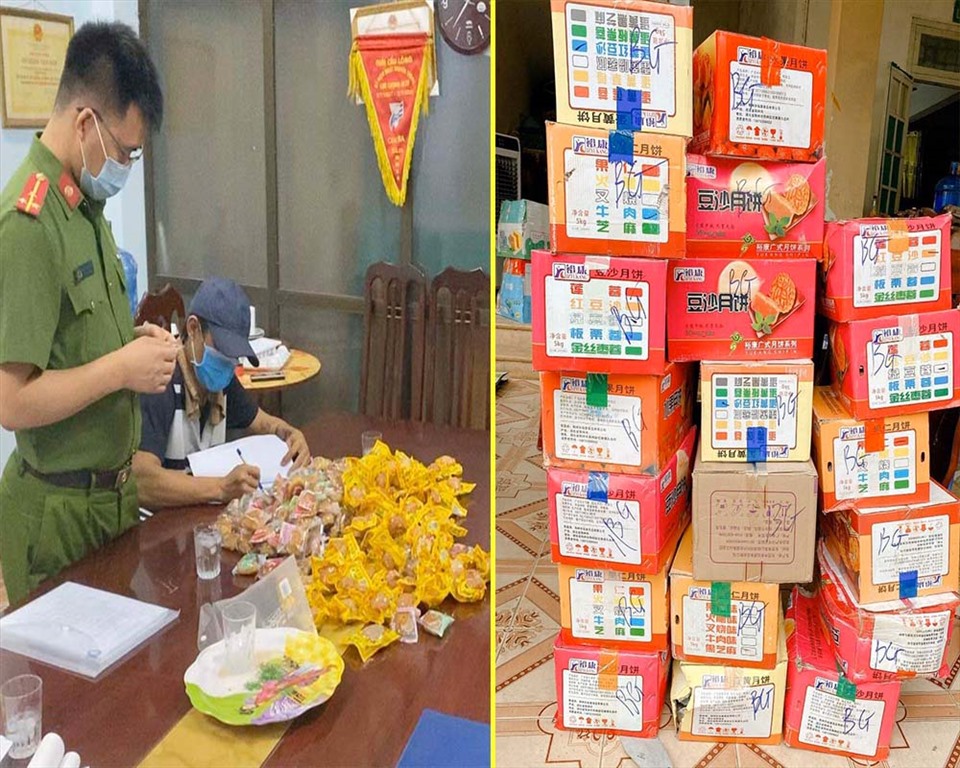 Bánh trung thu và trứng muối không rõ nguồn gốc bị thu giữ. Ảnh: Công an Bắc Giang.