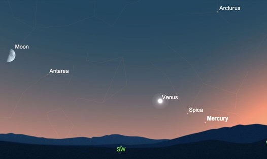 Sao Thủy (Mercury) xuất hiện trên bầu trời Trái đất đêm 13.9 cùng với Mặt trăng, sao Kim và các ngôi sao khác. Ảnh: SkySafari