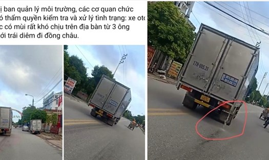 Người dân tại thị trấn Tiền Hải (huyện Tiền Hải, Thái Bình) bức xúc vì xe tải chở hàng vừa chạy vừa xả nước thải trên đường gây mùi hôi thối nồng nặc. Ảnh chụp màn hình.