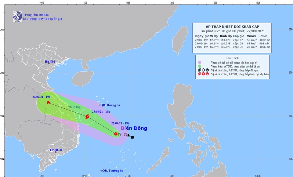 Vị trí và hướng đi của áp thấp nhiệt đới. Nguồn: NCHMF
