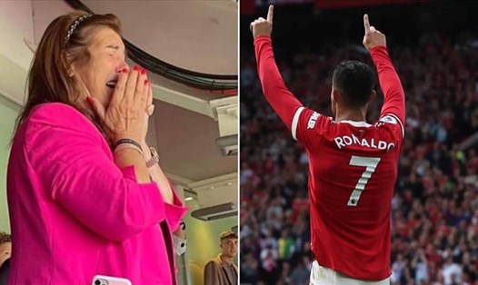 Niềm hạnh phúc của Dolores Aveiro khi chứng kiến Cristiano Ronaldo ghi bàn ngay trong trận đầu tiên trở lại sân Old Trafford của Real Madrid. Ảnh: Televisao