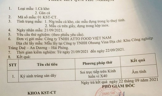 Kết quả khẳng định không có ký sinh trùng sán dây trong mẫu thức ăn Công ty TNHH Ohsung Vina (Hải Phòng) trưa 21.9.