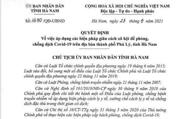 Hà Nam: Chính thức áp dụng giãn cách xã hội TP.Phủ Lý theo Chỉ thị 16