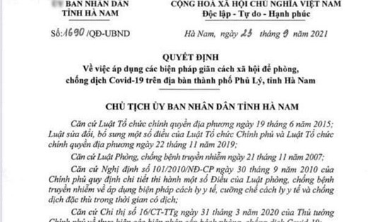 Chỉ đạo mới nhất của UBND tỉnh Hà Nam về việc áp dụng thực hiện giãn cách xã hội TP.Phủ Lý theo Chỉ thị 16.