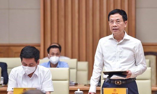 Bộ trưởng Nguyễn Mạnh Hùng phát biểu tại buổi gặp gỡ. Ảnh: Nhật Bắc