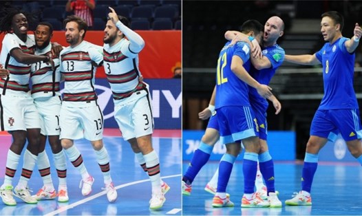 Tuyển futsal Bồ Đào Nha (trái) và Kazakhstan đã ngược dòng ngoạn mục để góp mặt ở bán kết. Ảnh: FIFA.