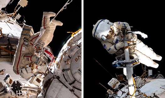 Phi hành gia Oleg Novitskiy (trái) và Pyotr Dubrovnik trong chuyến đi bộ ngoài không gian bên ngoài Trạm Vũ trụ Quốc tế. Ảnh: NASA