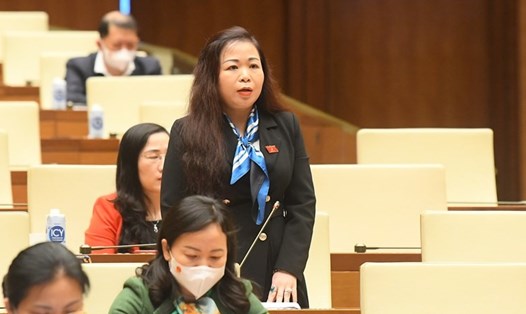 Đại biểu Vũ Thị Lưu Mai - Đoàn ĐBQH thành phố Hà Nội phát biểu thảo luận từ điểm cầu hội trường Diên Hồng. Ảnh: QH