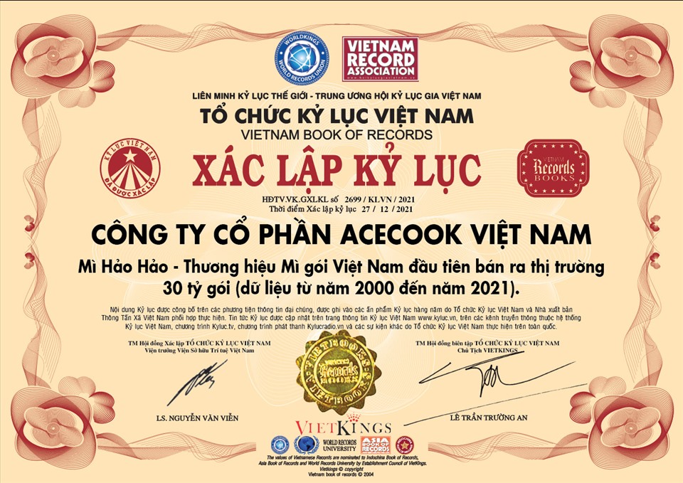 Hảo Hảo lập kỷ lục sản phẩm mì ăn liền được tiêu thụ nhiều nhất Việt Nam với 30 tỷ gói trong 21 năm.