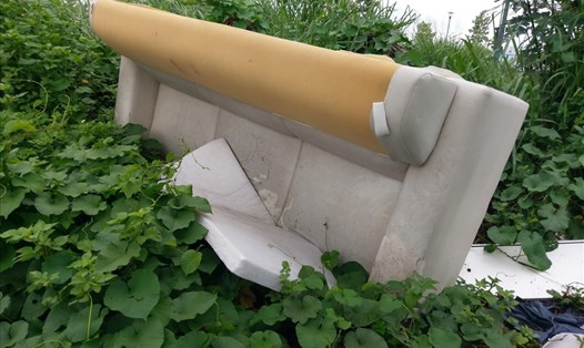 Một chiếc ghế ghế sofa cũ bị vứt ở bãi đất trống trong Khu đô thị mới Thủ Thiêm (Thành phố Thủ Đức).   Ảnh: Minh Quân