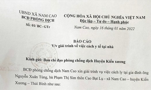 Báo cáo giải trình của Ban chỉ đạo phòng, chống dịch COVID-19 xã Nam Cao gửi Ban chỉ đạo phòng, chống dịch COVID-19 huyện Kiến Xương (tỉnh Thái Bình).