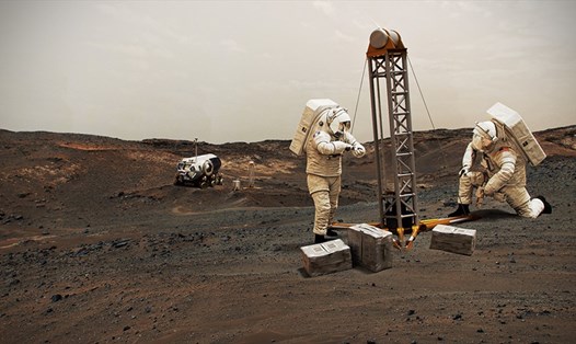 Ảnh minh họa cho thấy các phi hành gia đang ở trên bề mặt sao Hỏa. Ảnh: NASA