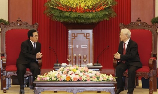 Tổng Bí thư Nguyễn Phú Trọng tiếp Thủ tướng Lào Phankham Viphavanh. Ảnh: TTXVN