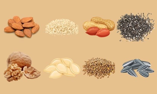 Hạnh nhân, hạt bí, hướng dương là những loại hạt tốt cho sức khỏe vào mùa đông. Đồ họa: Thanh Ngọc