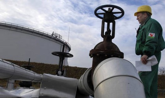 Kỹ sư Công ty Dầu khí Hungary kiểm tra khu vực tiếp nhận của đường ống dẫn dầu Druzhba tại nhà máy lọc dầu Szazhalombata, Hungary. Ảnh: Bela Szandelszky