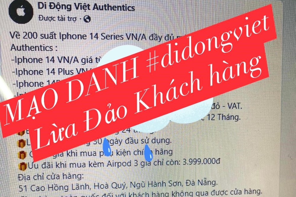 Di Động Việt đưa ra cảnh báo về 1 trang giả mạo mình để lừa đảo khách đặt cọc mua iPhone 14. Ảnh: D.N