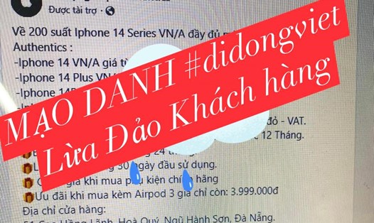 Di Động Việt đưa ra cảnh báo về 1 trang giả mạo mình để lừa đảo khách đặt cọc mua iPhone 14. Ảnh: D.N