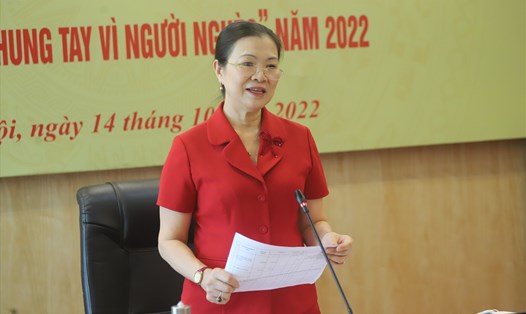 Phó Chủ tịch Ủy ban Trung ương Mặt trận Tổ quốc Việt Nam Trương Thị Ngọc Ánh phát biểu cung cấp thông tin. Ảnh: PV