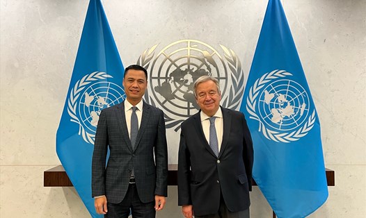 Tổng Thư ký Liên Hợp Quốc António Guterres tiếp Đại sứ Đặng Hoàng Giang - Trưởng Phái đoàn thường trực Việt Nam tại Liên Hợp Quốc. Ảnh: Bộ Ngoại giao