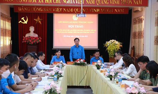 Ông Nguyễn Văn Cảnh - Chủ tịch Liên đoàn Lao động tỉnh Bắc Giang - phát biểu tại hội thảo. Ảnh: Bảo Hân