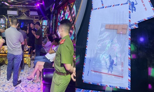 Cơ quan công an kiểm tra quán karaoke GOLD số 18 Kênh Dương (quận Lê Chân, TP Hải Phòng) và tang vật thu giữ tại hiện trường. Ảnh: CA TP Hải Phòng.