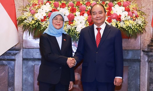 Chủ tịch nước Nguyễn Xuân Phúc và Tổng thống Singapore Halimah Yacob. Ảnh: Hải Nguyễn