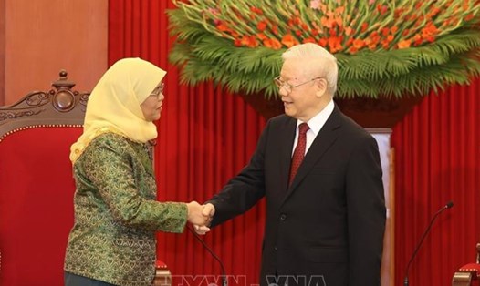 Tổng Bí thư Nguyễn Phú Trọng tiếp Tổng thống Singapore Halimah Yacob. Ảnh: TTXVN