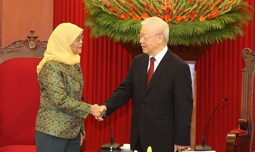 Tổng Bí thư Nguyễn Phú Trọng tiếp Tổng thống Singapore Halimah Yacob. Ảnh: TTXVN