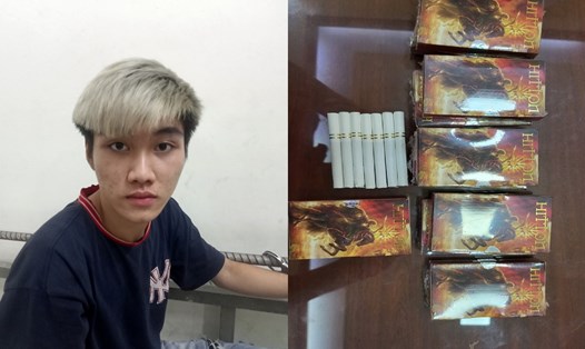 Nguyễn Viết Tuấn Minh và số ma tuý dạng thảo mộc trong các điếu thuốc lá. Ảnh: CAHN