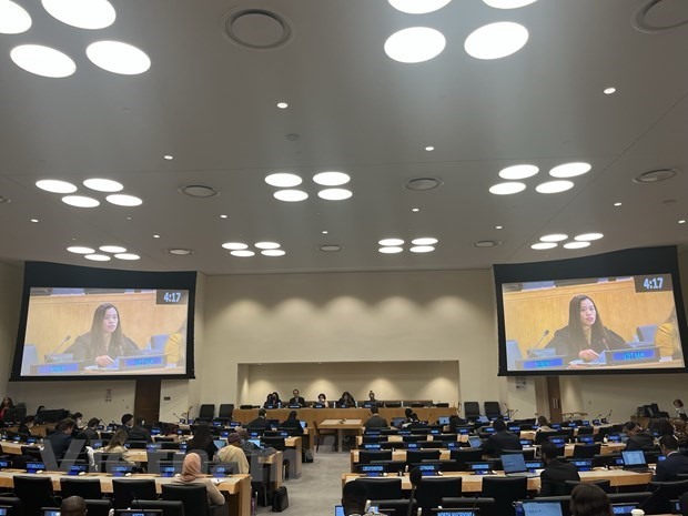 Tham tán Công sứ Lê Thị Minh Thoa, Phó Trưởng Phái đoàn thường trực Việt Nam tại Liên Hợp Quốc phát biểu tại phiên họp. Ảnh: Khánh Minh