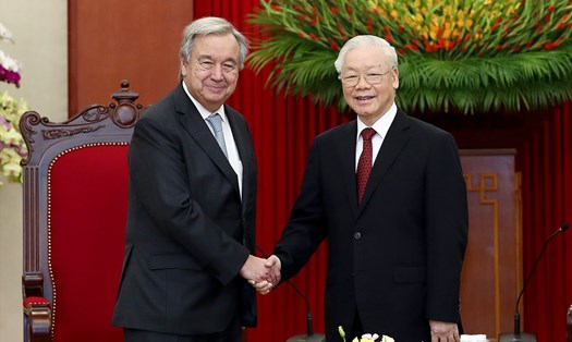 Tổng Bí thư Nguyễn Phú Trọng và Tổng Thư ký Liên Hợp Quốc António Guterres. Ảnh: Hải Nguyễn